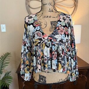 O'Neill Black & Multicolor Floral Deep V-Neck Boho Blouse